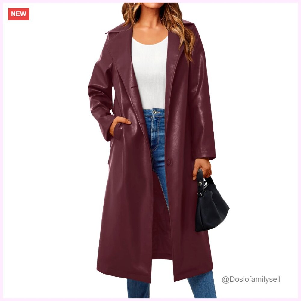 Faux Leather Trench Coat Elegant Classic Open Front Belted Peacoat Blazer Style